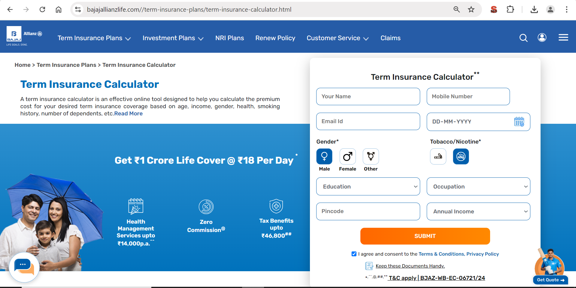 Bajaj Allianz Life Term Insurance Calculator Page